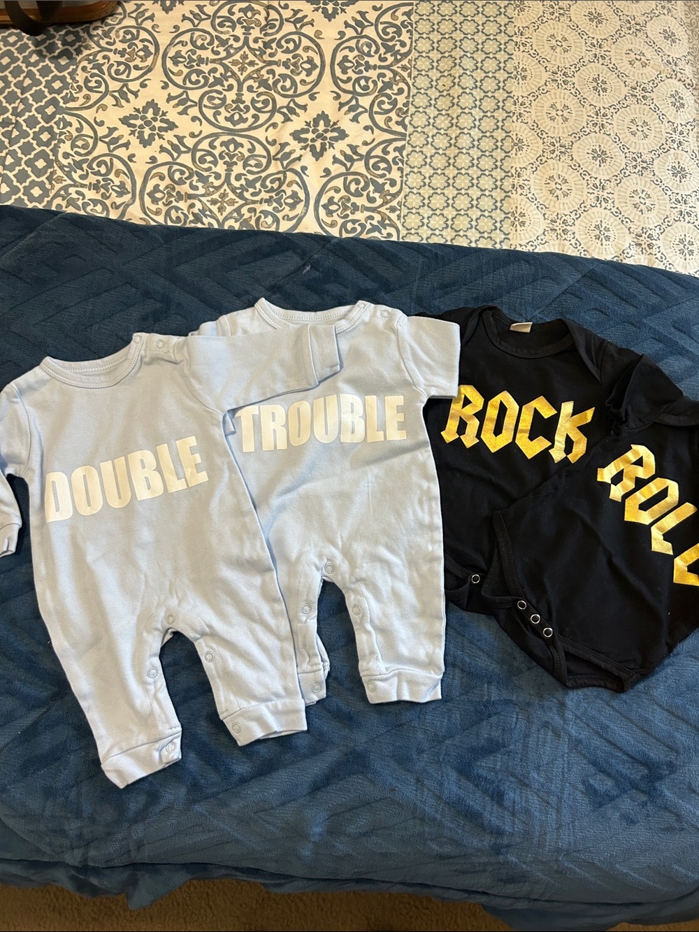 Got Twins?!  Baby Graphic Onesies & Rompers Pack - Blue, Black, White - 4 pieces